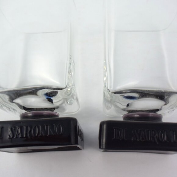 2 Vintage Disaronno Liqueur Pedestal Glasses Square w Black Embossed Bases - Picture 2 of 6
